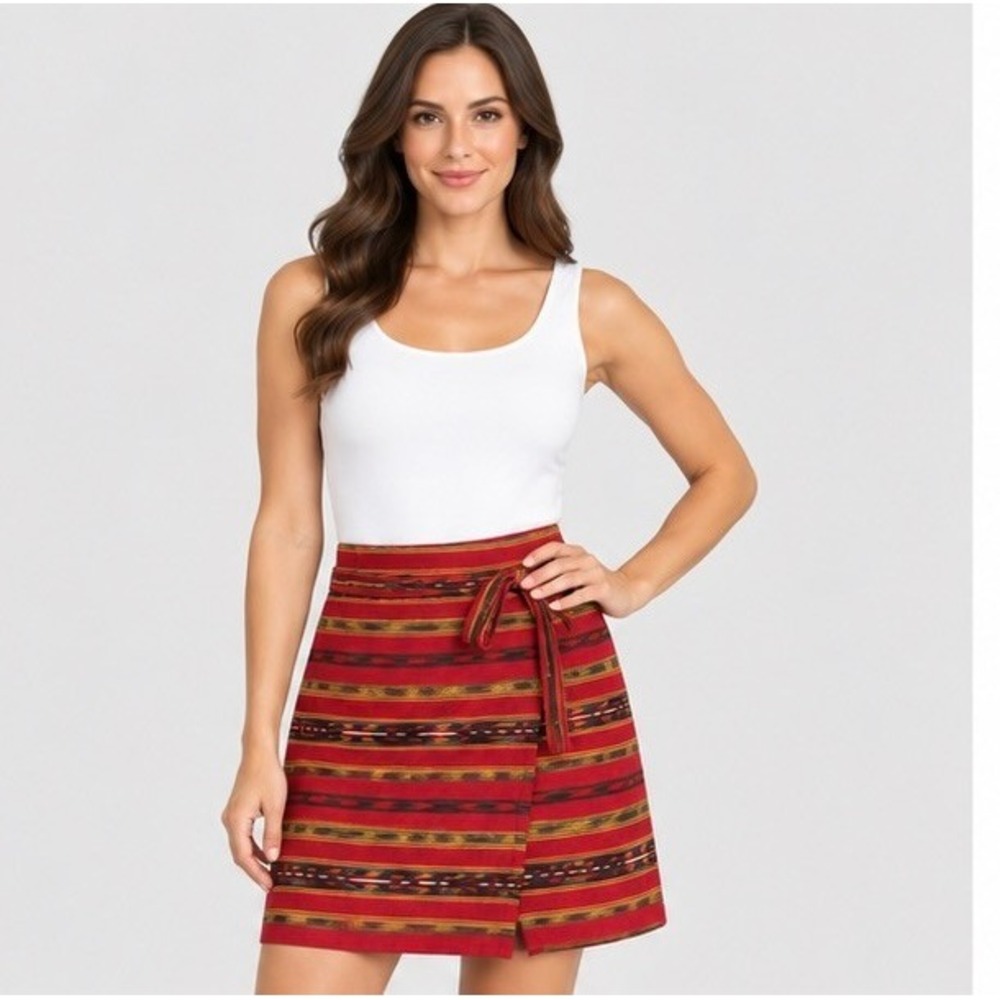 Harold's Womens S Red Wrap Mini Skirt Woven Tapestry Cotton Boho Western Stripe